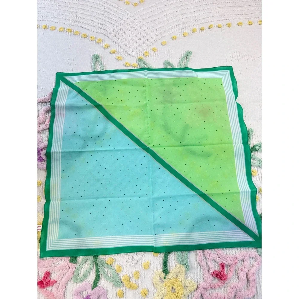 Vintage Made in Italy Green Blue Polka Dot Striped Square Head Scarf Neckerchief